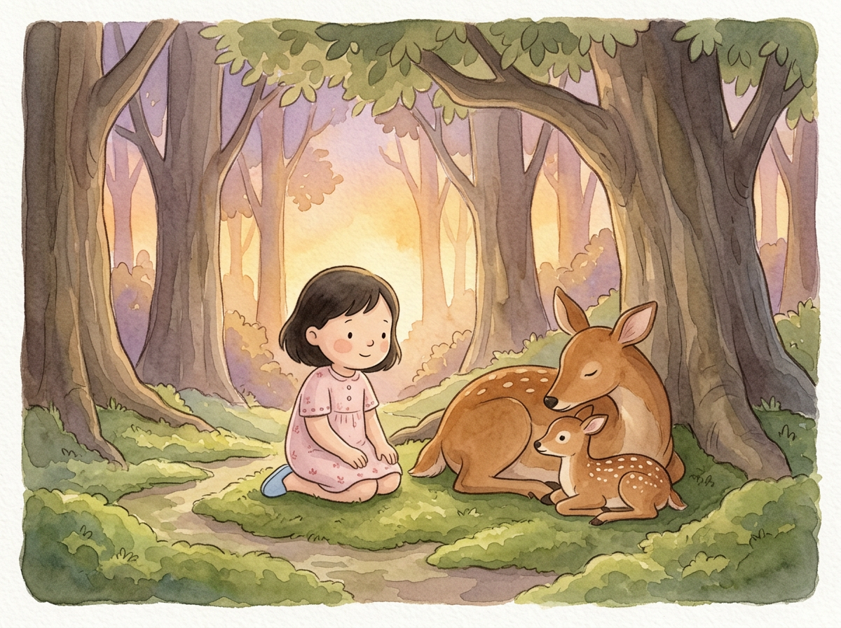 은은한 빛이 드는 숲에서 엄마 사슴과 아기 사슴 곁에 앉아 있는 릴리 공주.