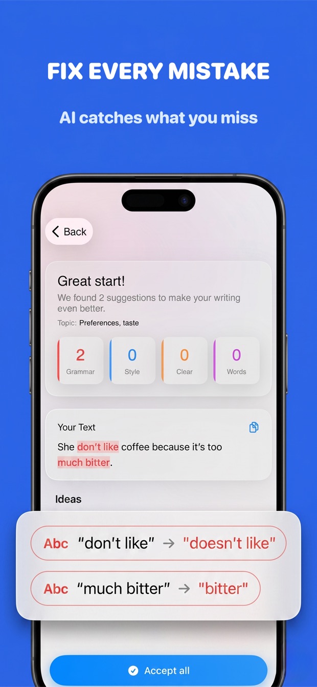 Flunio writing feedback with grammar suggestions