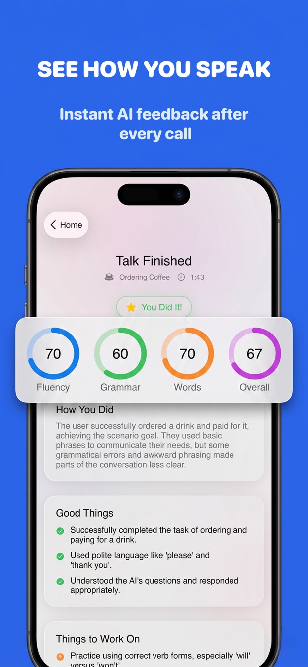 Flunio post-call scoring for fluency, grammar and vocabulary