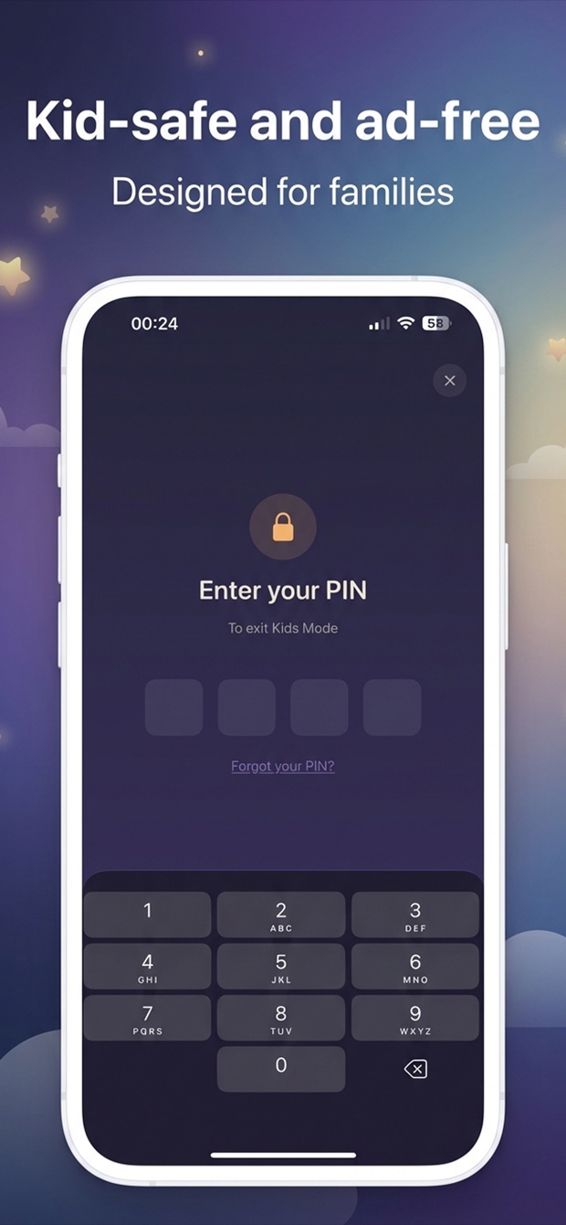 Storytelling kids mode PIN entry screen