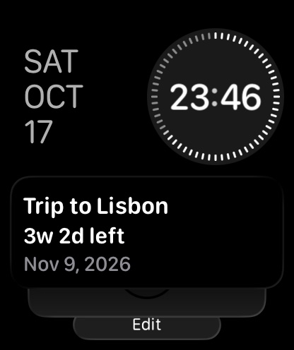Apple Watch 스마트 스택의 TimeTill 다음 이벤트 위젯: 리스본 여행, 3w 2d 남음, 2026년 11월 9일
